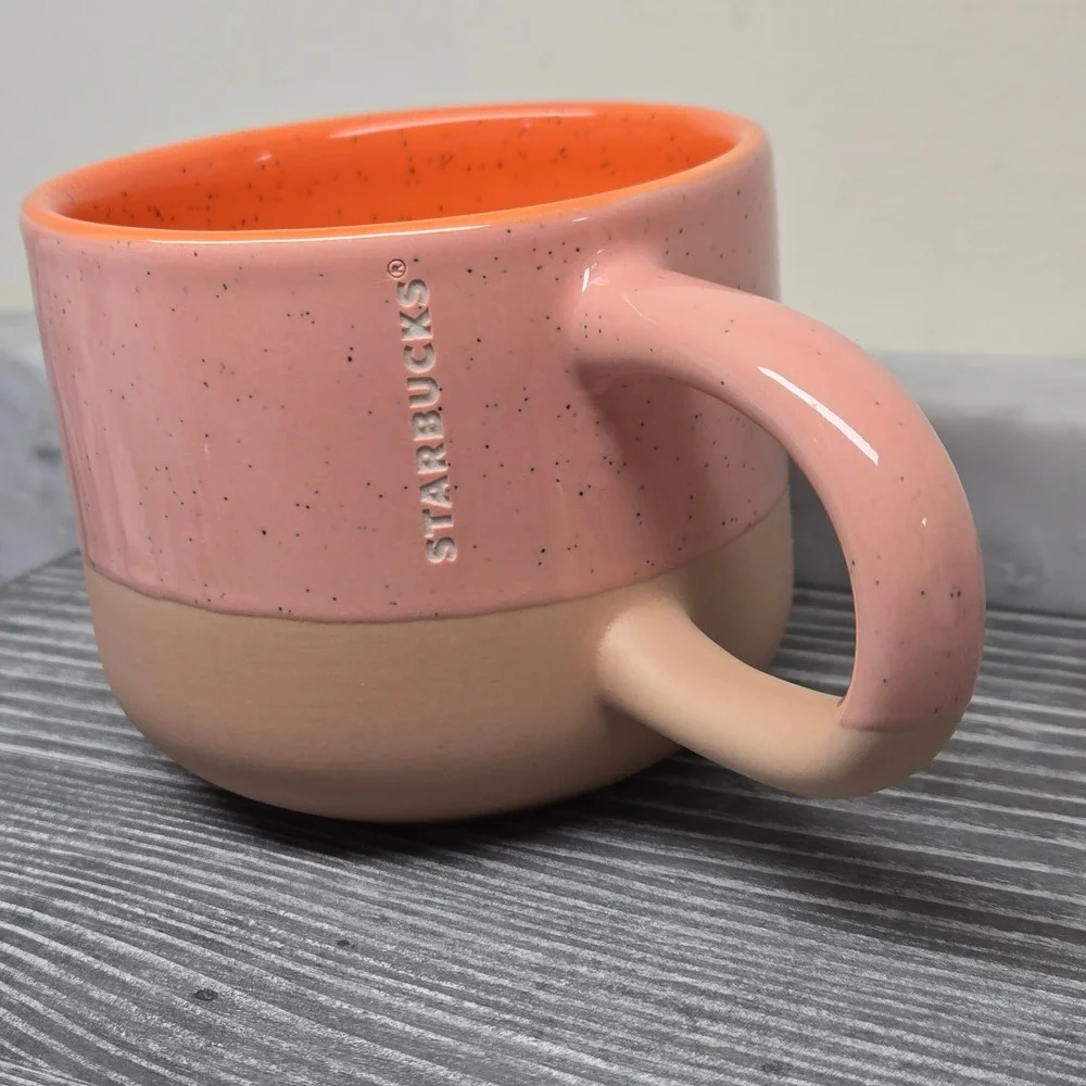 Starbucks 2018 Pink & Orange Speckled Terracotta Coffee Mug, 12oz Tri-Color Logo - Picture 3 of 15